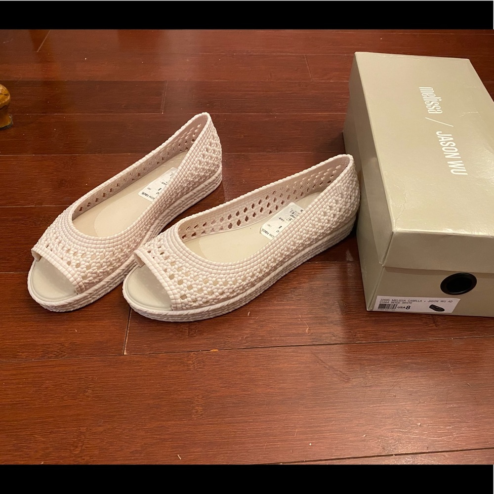 Melissa, Jason Wu Camilla Woven Open Toe Flat. White, Size 8
